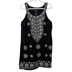 INC Black Silver Metallic Embroidered Medallions Shift Dress Beading